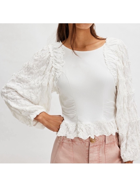 Free People Tops - Free People Olivia Contrast Stitch White  Puff Sleeve Top size XL Boho Coquette